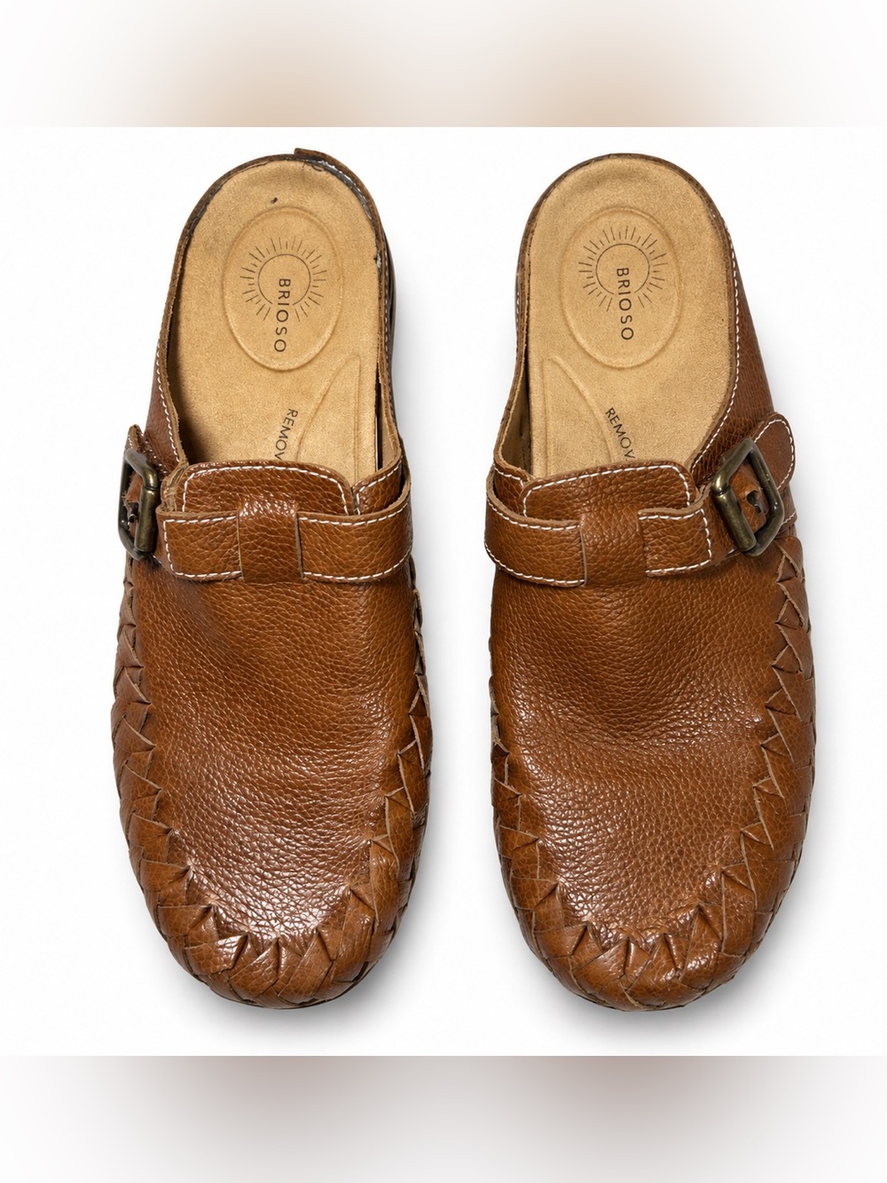 Brioso Jordyn Brown Leather Clog Mules Women’s 8.5 M Woven Buckle